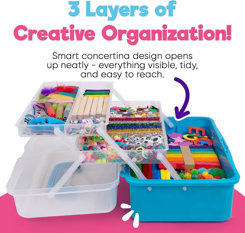 Blue Squid Arts & Crafts Box (Blue)- 2800+ pcs Deluxe Craft Supplies Box, 2 Drawers, 18 Compartments, Sturdy Handle - Art Crafting Kit Birthday Gifts for Kids, School Supply for Ages 4-12 - Image 2